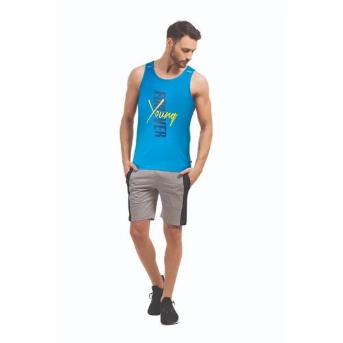 Men Sleeveless T Shirts - Hosiery Fabric, Various Sizes, Blue | V-Neck, Printed, Lightweight, Quick Dry, Comfortable Fit