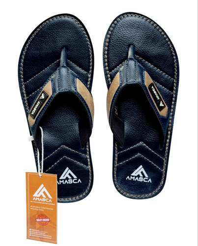 Navy Blue Men Leather Slipper - Vegan Leather, 9 Inch, Navy Blue | Comfortable EVA Insole, TPR Outsole, Flip Flop Style