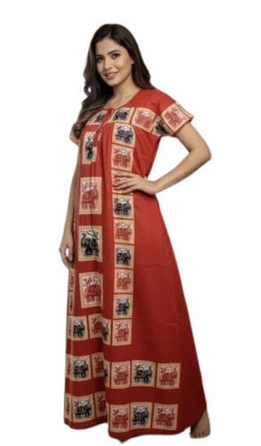 Red Elephant Block Printed Cotton Nighty - Cotton, Various Sizes, Red, Pull-On | Elegant Design, Quick Dry, Comfortable Fit
