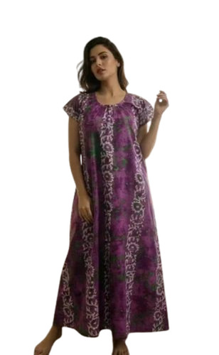 Short Sleeves Floral Printed Nighty - Cotton, S-XXL, Violet Base | Elegant Design, Quick Dry, Comfortable Fit