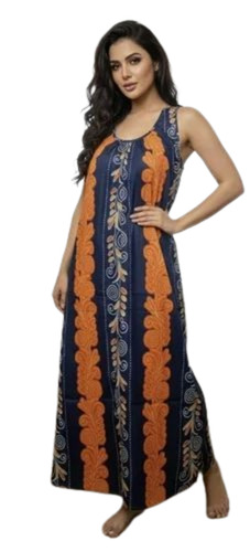 Sleeveless Blue & Orange Printed Cotton Nighty - Cotton, Various Sizes, Blue & Orange, Printed | Quick Dry, Comfortable Fit, Elegant Design