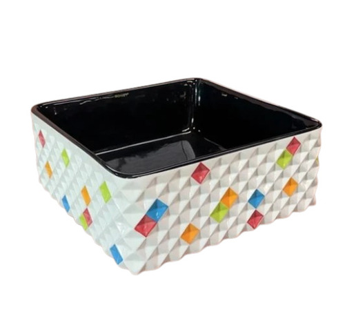 Square Designer Wash Basin - Ceramic, Table Top, Glossy Orange, No Tap Hole | Crack Proof, Square, One Piece