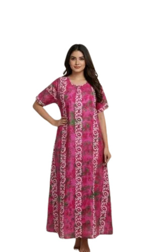 Women Lightweight Cotton Batik Print Maxi Nighty - Cotton, Various Sizes, Dark Pink | Elegant Design, Quick Dry, Comfortable Fit