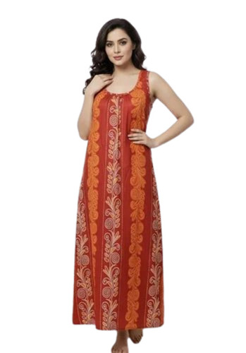 Women Red And Orange Printed Cotton Nighty - Sleeveless Maxi, Machine Wash | Elegant Design, Quick Dry, Comfortable Fit