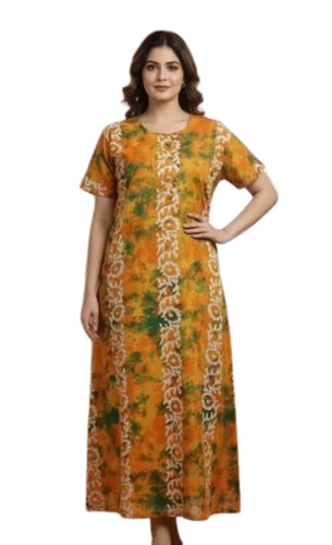 Yellow & Orange Floral Printed Cotton Nighty - Maxi Length, Short Sleeve, Regular Fit, Machine Wash | Elegant Design, Quick Dry, Comfortable Fit