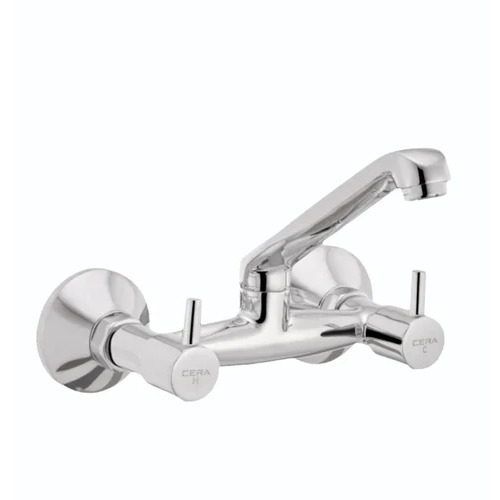 Cera Sink Wall Mixer - Brass, Double Handle, Silver | Polished, Rust Free, Glossy Finish
