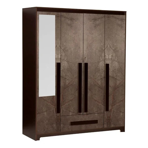 4 Door Wooden Wardrobe - Engineered Wood, Brown, Laminated Surface, Durable, Easy to Clean, Eco-Friendly