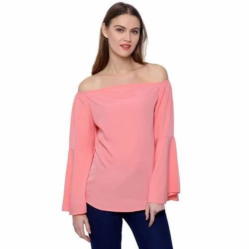 Baby Pink Off Shoulder Top - Polyester Crepe, Regular Fit, Long Sleeves, Baby Pink, Lightweight, Breathable, Quick Dry