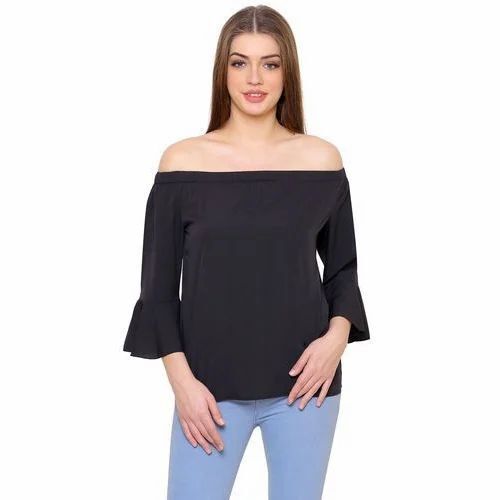 Black Party Wear Off Shoulder Top - Polyester Crepe, Regular Fit, Black | Elegant Design, Quick Dry, Comfortable Fit