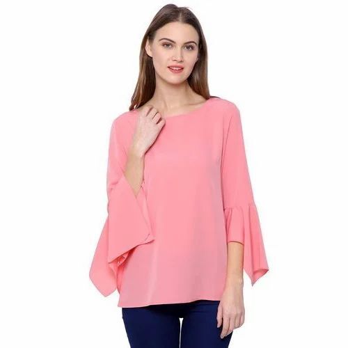 Boat Neck Long Sleeve Top - Polyester Crepe, Various Sizes, Pink | Elegant Design, Quick Dry, Comfortable Fit