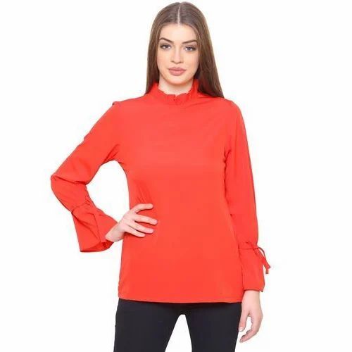 Ladies Red Long Sleeve Top - Polyester Crepe, Regular Fit, Lightweight | Breathable, Soft, Quick Dry, Comfortable Fit