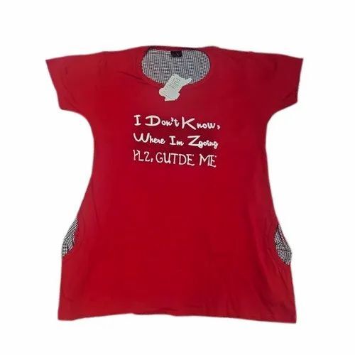 Ladies Round Neck Cotton T Shirts - Cotton, Various Sizes, Red | Printed, Half Sleeve, Soft Comfortable Breathable
