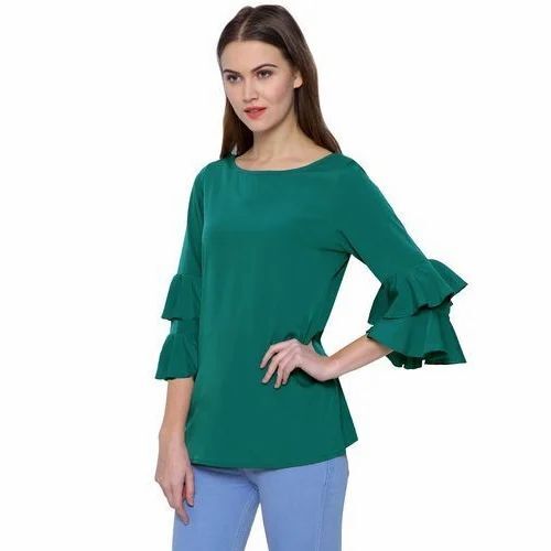 Long Bell Sleeve Boat Neck Top - Polyester Crepe, Various Sizes, Green | Elegant Design, Quick Dry, Comfortable Fit