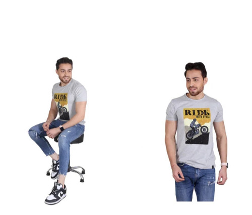 Mens Grey Melange Printed Round Neck Cotton T-Shirt