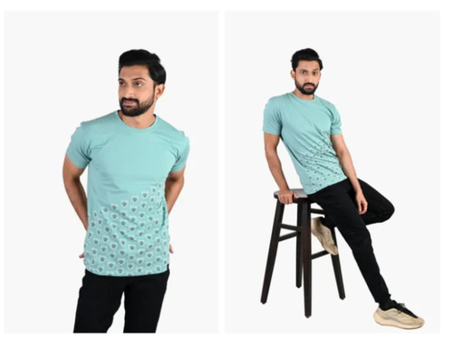 Mens Turquoise Animal Print Cotton Round Neck T-Shirt - Age Group: Adults