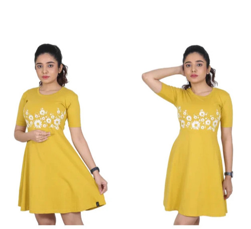 Mustard Floral Printed Womens Skater Dress
