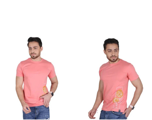 Stylish Mens Peach Cotton T Shirt - Crew Neck, Short Sleeves, Sizes S-XL, Comfortable Lightweight Printed Design