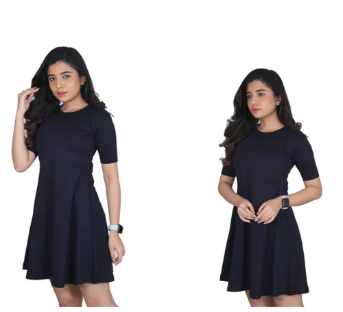 Stylish Navy Blue Solid Womens Skater Dress - Navy Blue, Western, Casual, All Season | Comfortable, No Fade, Washable