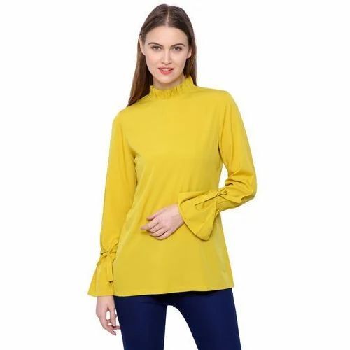 Stylish Yellow Long Sleeve Top - Polyester Crepe, Regular Fit, Long Sleeves | Lightweight, Soft, Breathable, Quick Dry, Comfortable Fit