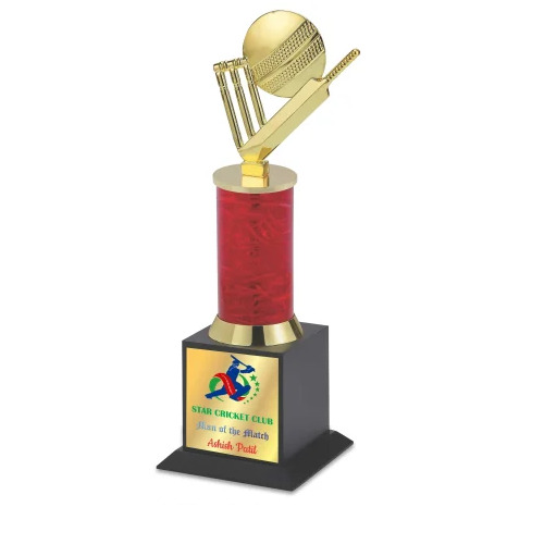 Cricket Sports Trophy - Metal, 1-5 Inch, Red & Golden, Polished Wooden Base | Table Top Mounting, Printed Pattern, Competitive Style