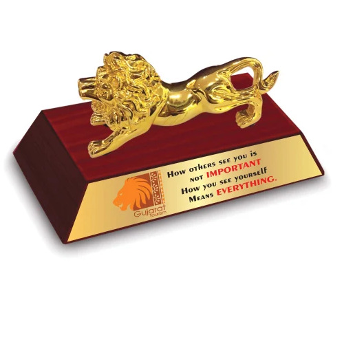Golden Lion Memento - Wooden Fibre 4.5 Inch Golden | Polished Finish Table Top Box Packaging Animal Theme