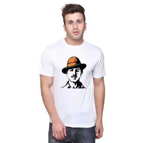 Men Round Neck T Shirt - Polyester, Various Sizes, White | Printed, Quick Dry, Comfortable Fit, Half Sleeve