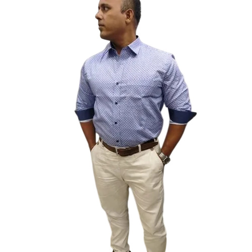 Mens Casual Cotton Shirt - Cotton, Light Blue, Regular Fit, One Pocket, Full Sleeve, Collar Neck, Machine Washable, Breathable, Comfortable