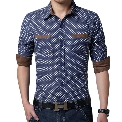 Polka Dot Mens Shirt - Cotton, Size 38-44, Navy Blue, Collar Neck, Full Sleeves, Breathable, Comfortable, Washable