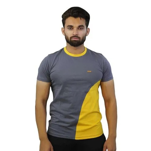 Regular Fit Mens Round Neck T Shirts - Cotton Lycra, Multicolor Grey Yellow | Breathable, Lightweight, Casual Short Sleeve
