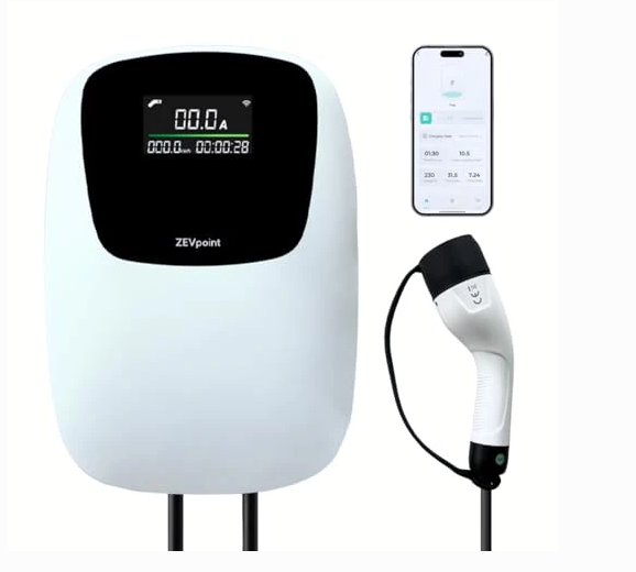 7.5 kW Zevpoint Wall EV Charger - Plastic & Metal, Arctic White, Heat Proof, Bluetooth, Emergency Switch