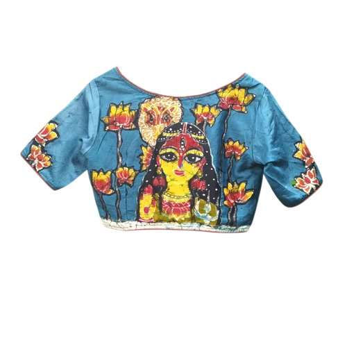 Blue 220 GSM Silk Cotton Hand Batik Printed Blouse - 220 GSM, Cotton, Blue | Round Neck, Half Sleeves, Party Wear, Washable