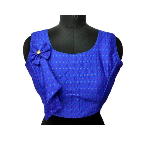 Blue Malbari Silk Blouse - Malbari Silk, Size 38-40, Blue | Round Neck, Half Sleeves, Party Wear, Hand Wash