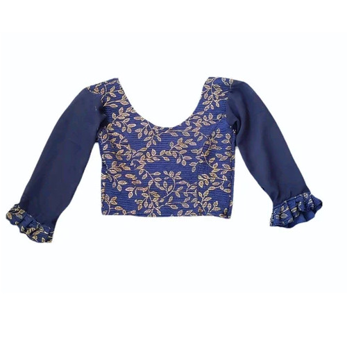 Blue Polyester Organza Readymade Blouse - Round Neck Full Sleeves Printed Party Wear