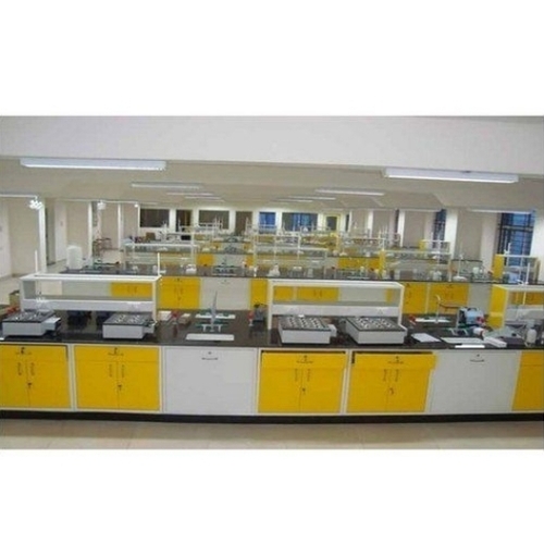 Chemistry Lab Central Table - Metal & Wood Standard Size Yellow & White | Corrosion Resistant Washable Modern Design