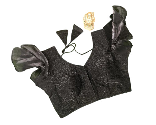 Dark Black Ruffle Sleeve Designer Blouse - Silk, 36 Inch, Dark Black | V-Neck, Embroidered, Party Wear, Hand Wash