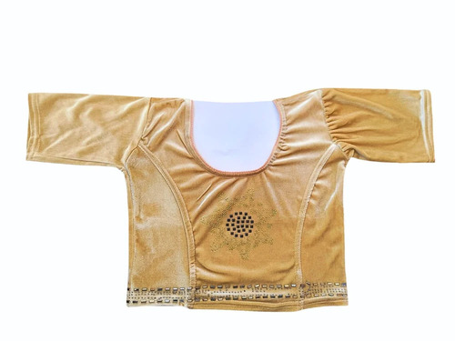 Golden Velvet Short Blouse - Velvet Golden Round Neck | Embroidered Short Sleeve Party Wear