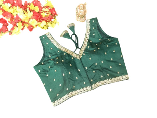 Green Embroidered Designer Stone Work Blouses - Silk, 38 Inch, Green | V-Neck, Sleeveless, Party Wear