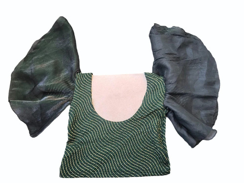 Green Polyester Short Blouse - Embroidered Soft Fabric, Round Neck, Half Sleeves, Party Wear