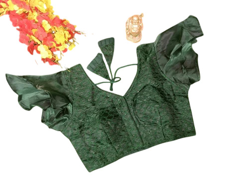 Green Ruffle Sleeve Designer Blouse - Silk, 36 Inch, Green | V-Neck, Embroidered, Party Wear, Hand Wash