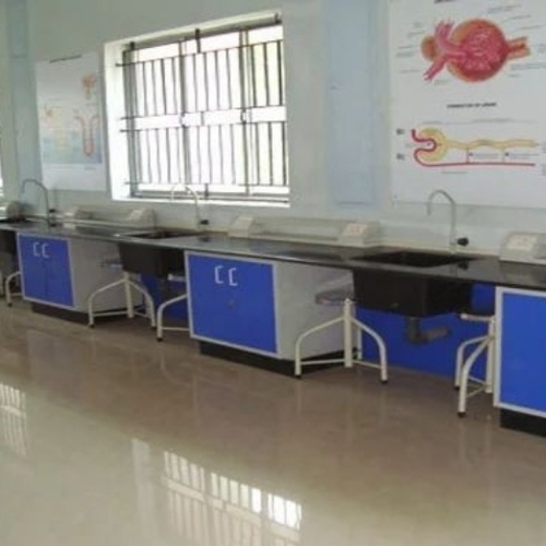 Lab Wall Work Table - Metal & Wood, Standard Size, White & Blue | Rustproof, Termite-Proof, Ground Mounted, Portable, Washable