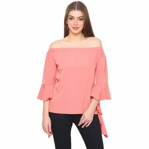 Ladies Bell Sleeve Off Shoulder Top - Polyester Crepe, Various Sizes, Pink | Lightweight, Soft, Breathable, Comfortable Fit