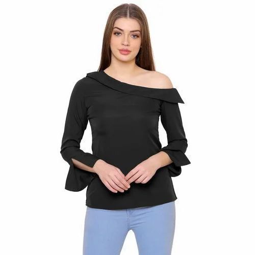 Ladies Black One Shoulder Top - Polyester Crepe, Various Sizes, Black, Cap Sleeves | Lightweight, Soft, Breathable, Comfortable Fit
