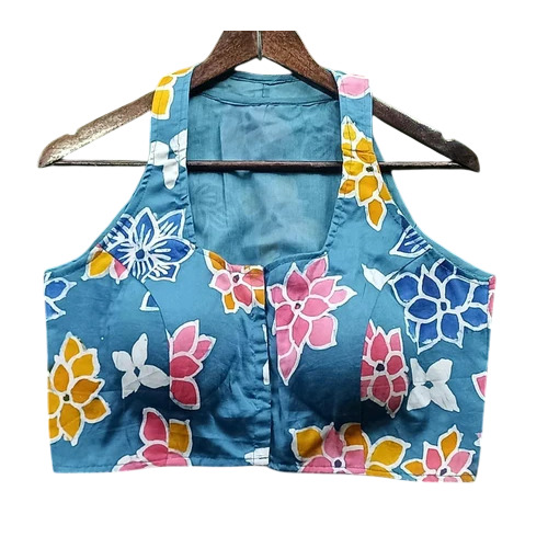 Light Blue Cotton Blouses - 215 GSM, Stitched, Front Hook Side | Round Neck, Sleeveless, Printed, Washable, Party Wear