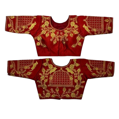 Maroon Heavy Design Blouse - Silk, Maroon, Stitched Front Hook | Round Neck, Half Sleeves, Hand Embroidered Party Wear