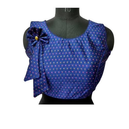 Navy Blue Malbari Silk Blouse - Malbari Silk, Size 38-40, Navy Blue | Round Neck, Sleeveless, Party Wear