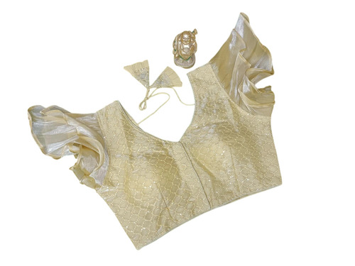 Off White Ruffle Sleeve Designer Blouse - Georgette, Size 36, Off White | V-Neck, Embroidered, Party Wear, Hand Wash
