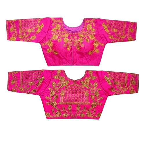 Pink Heavy Design Blouse - Silk, Pink, Hand Work Embroidered | Round Neck, Half Sleeves, Party Wear