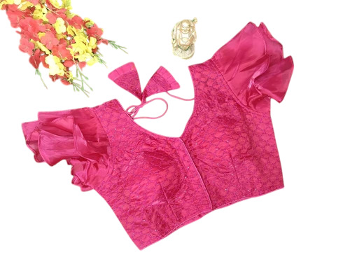 Pink Ruffle Sleeve Designer Blouse - Silk, 36 Inch, Pink | V-Neck, Embroidered, Party Wear