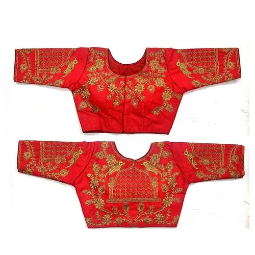 Red Heavy Design Blouse - Silk, Red, Hand Work Embroidery | Round Neck, Half Sleeves, Party Wear