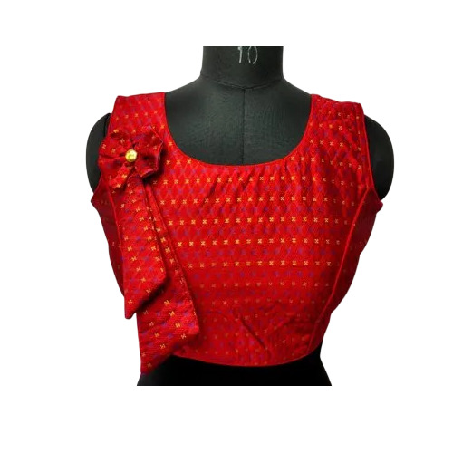 Red Malbari Silk Blouse - Malbari Silk, Size 38-40, Red | Round Neck, Sleeveless, Party Wear
